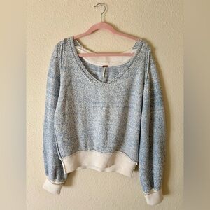Free People Pale Blue Marled V-Neck Sweater with Cream Trim